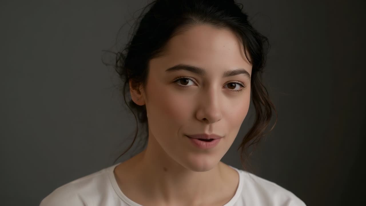 Donna sorridente che parla dopo una pausa a una voce fuori campo, girando la testa su uno sfondo grigio, con indosso un top bianco.