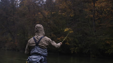 fly fishing in autumnal forest