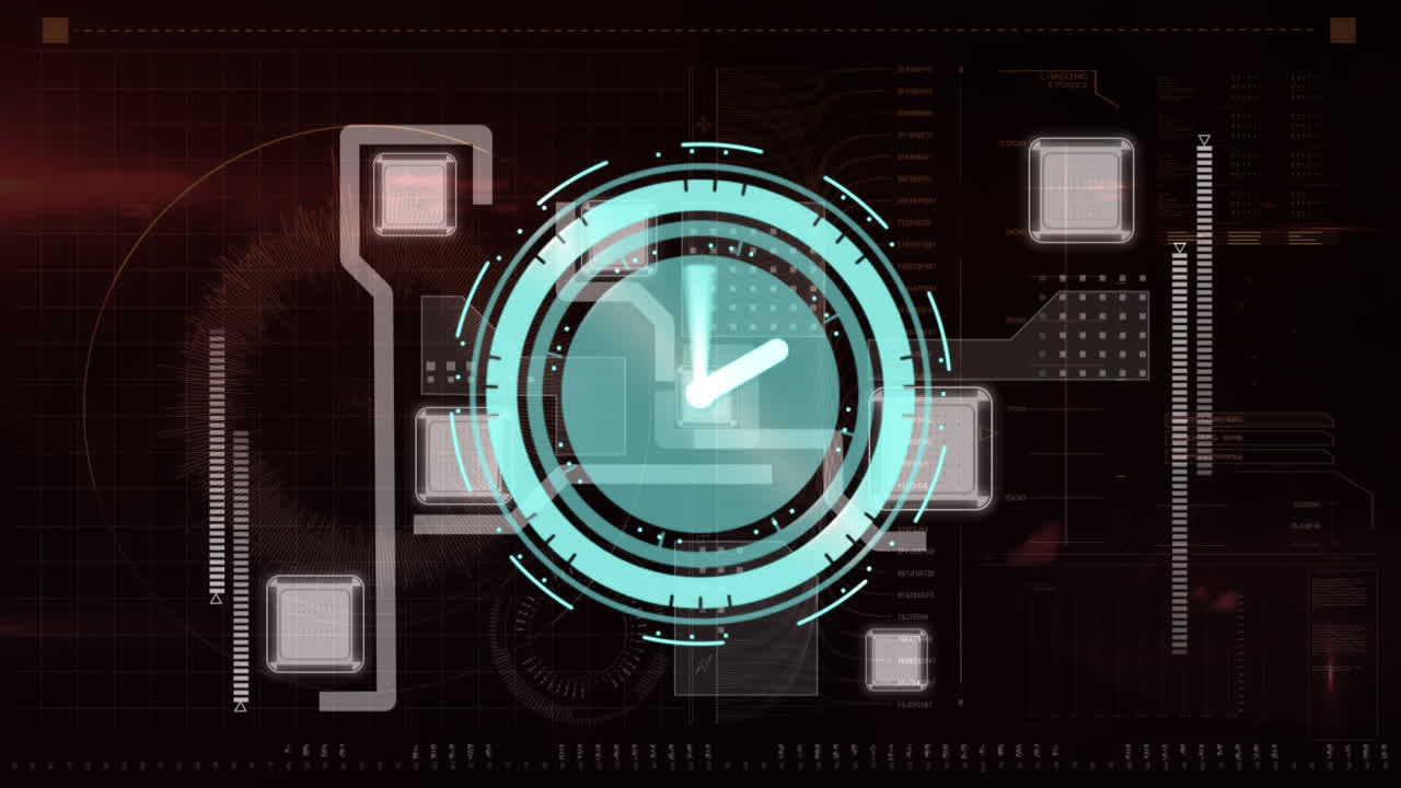 Animation of clock with turning hands over network of connections on black background