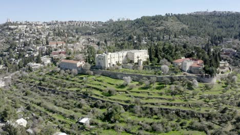 ein karem aerial view, village almond trees, jerusalem