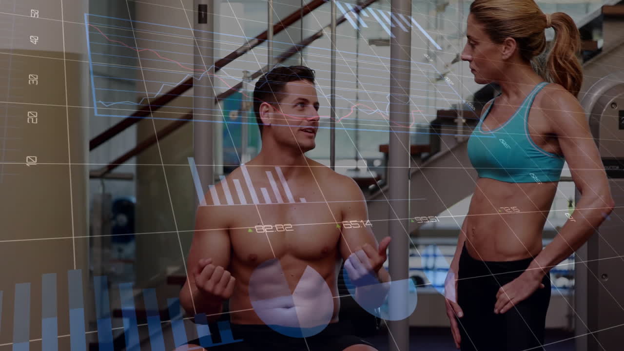 Financial data charts animation over fit people exercising in gym