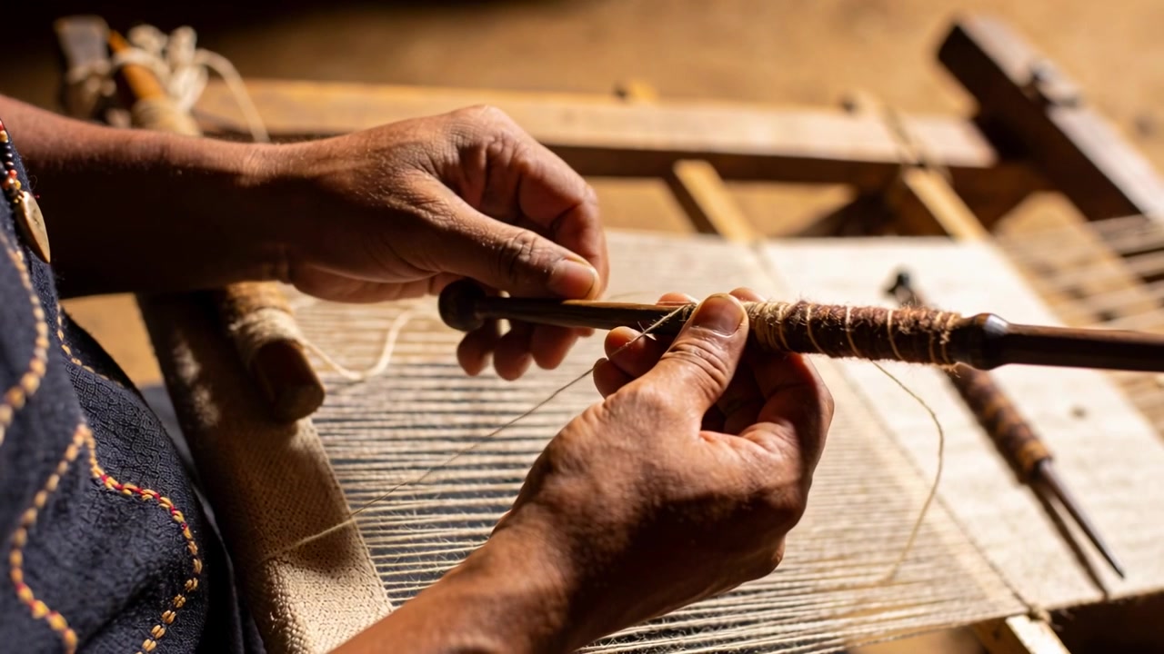 Threading shuttle through tool, craftsperson hands in woven top guiding yarn at studio loom weaving