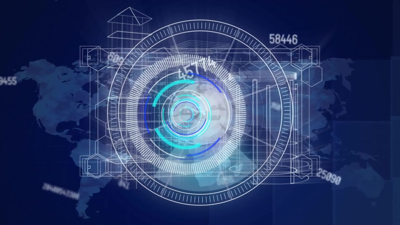 Animation of scope scanning, numbers and data processing on blue background