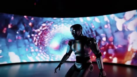 a futuristic robot emerges from a vibrant digital environment, capturing the essence of advanced technology and artificial intelligence in motion