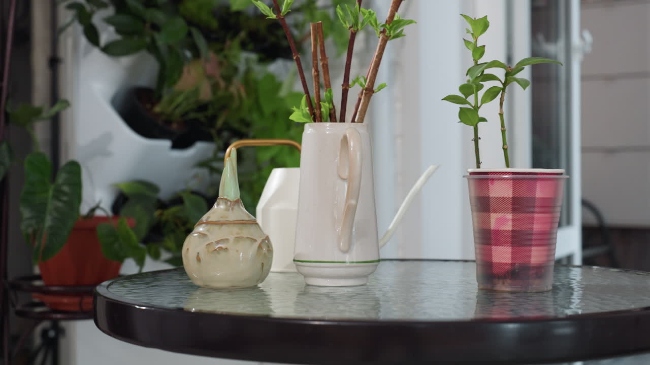 Glass topped round table holding ceramic jug with budding branches, white watering can, woven vase and checkered cup with plant cutting, placed before leafy indoor decor under soft natural light