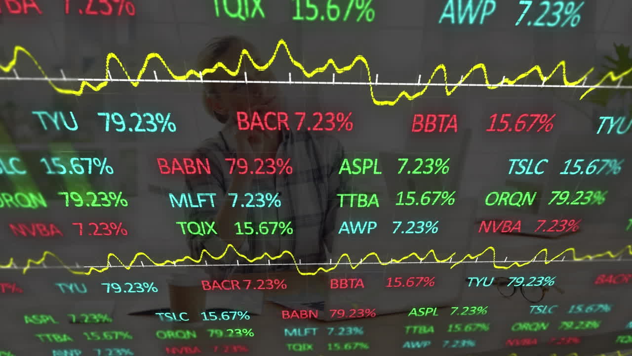 Animasjon av finansiell databehandling over forretningskvinne som bruker bærbar PC