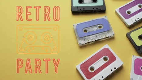 Animation-of-retro-party-text-over-tape-on-yellow-background