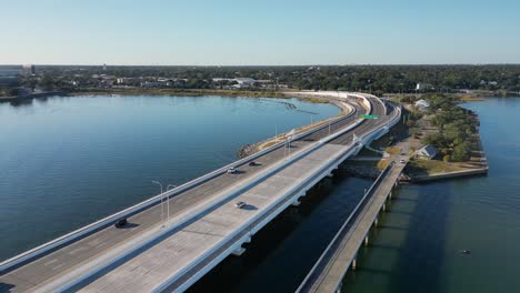 aerial view of a modern highway bridge over water