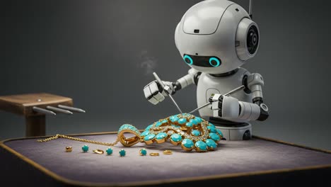 a robotic artisan perfecting a stunning turquoise jewelry piece, showcasing precision and craftsmanship in an innovative blend of technology and artistry
