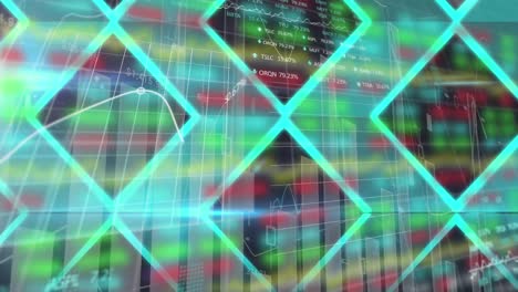 animación de gráficos de colores que se mueven con formas azules en una pantalla