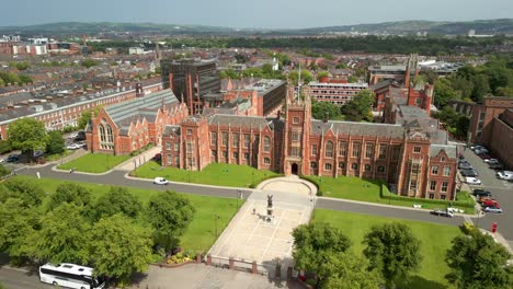 wide, forward travelling aerial video of the campus at queen's university belfast, in northern ireland, uk on a bright and sunny day. produced at 4k resolution, 60fps and with rec709 color.
