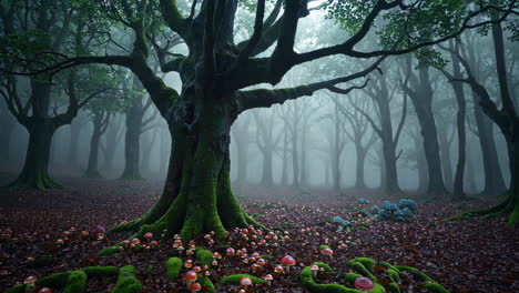 mysterious foggy forest with mushrooms