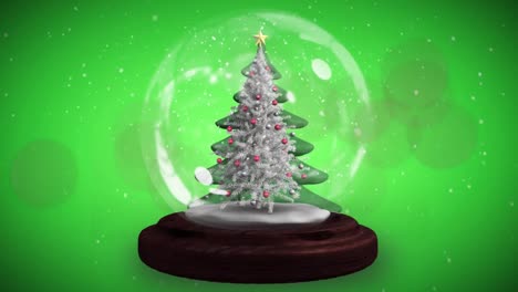 Animation-of-snow-falling-over-chritmas-tree-on-green-background