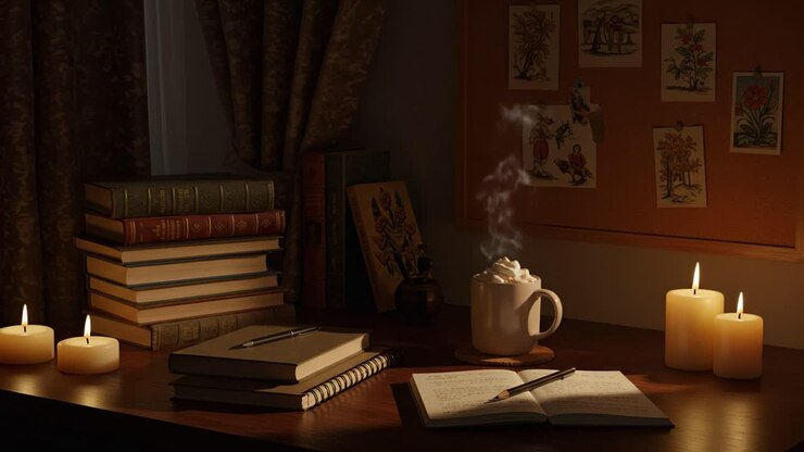Scrivania accogliente per lo studio serale con libri, candele e cioccolata calda