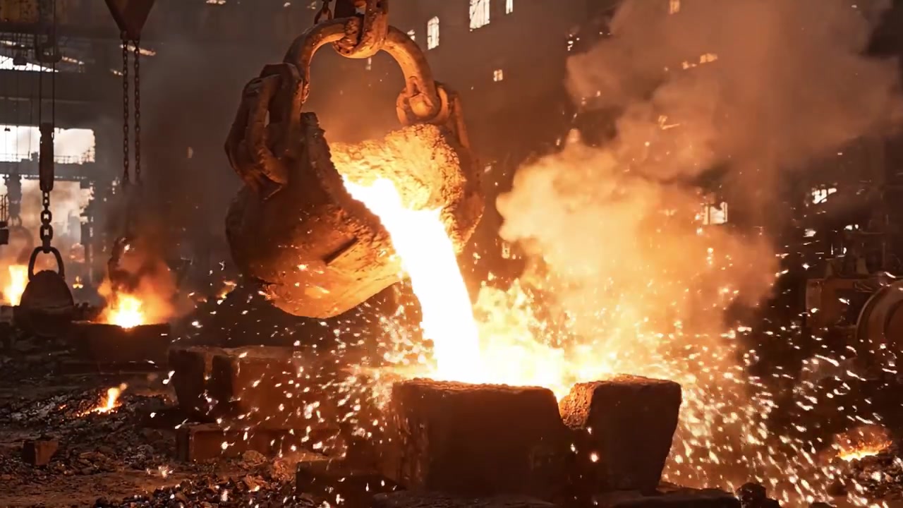 Momenti affascinanti della fusione dei metalli: la potenza grezza e il calore intenso del metallo fuso che scorre da un crogiolo in un ambiente di fonderia industriale.