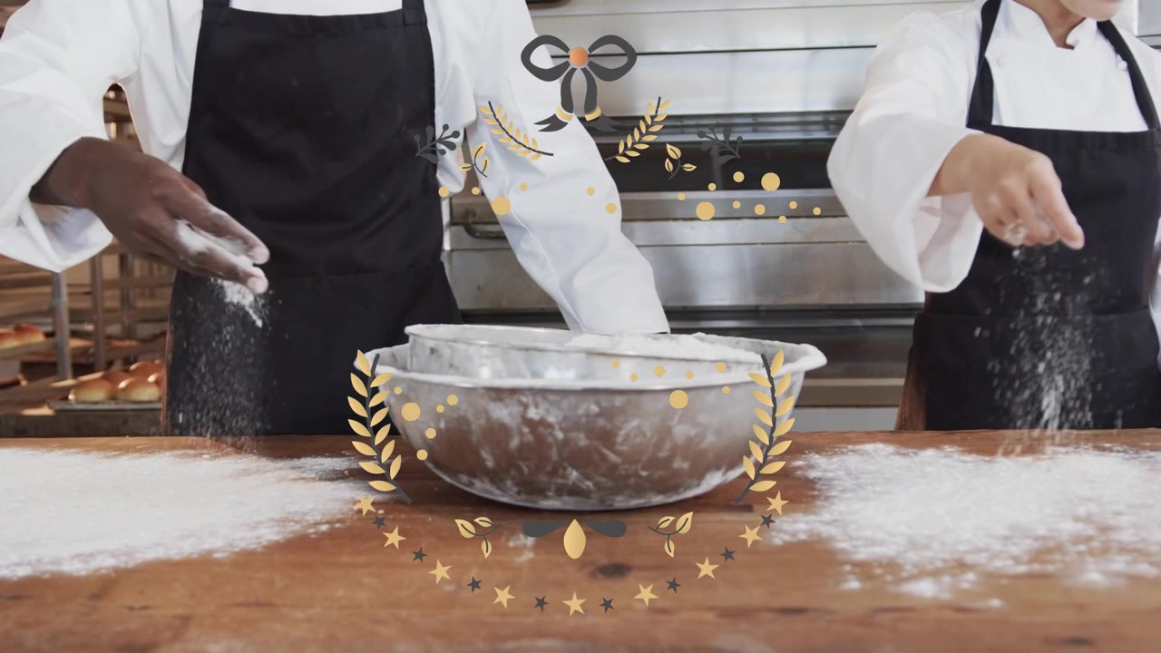 Un fornaio a sinistra che pizzica la farina, due fornai che spargono ingredienti sul bancone, con una sovrapposizione a ghirlanda che indica la preparazione della panetteria