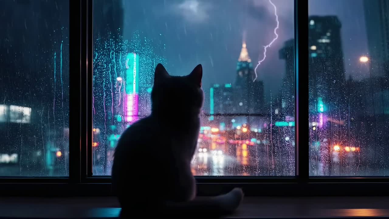 Silhouette di un gatto davanti a una finestra piovosa, con luci della città sullo sfondo.