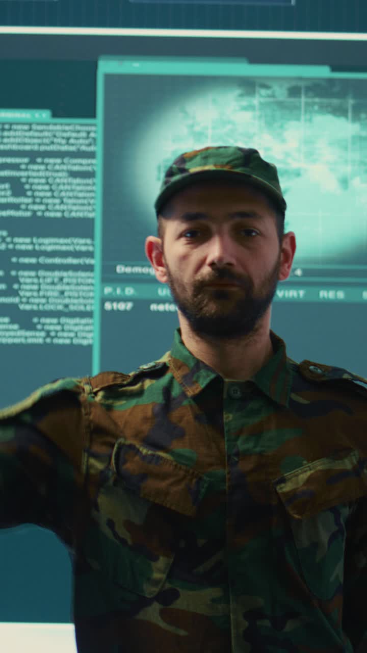 Military Man in Camouflage Uniform Saluting in Control Room