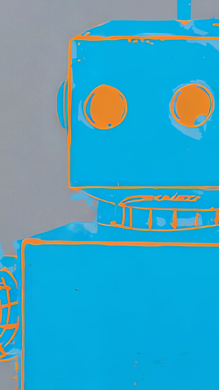 Vertical video: Shifting camera showing toy robot lifting jointed arm at set with warm lights