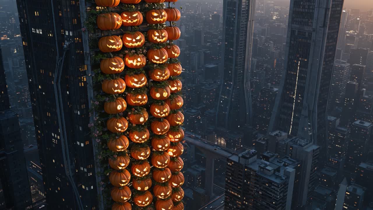 A Stunning Display of Illuminated Pumpkins on a Tower Against a City Skyline, Capturing the Spirit of Halloween in an Urban Landscape
