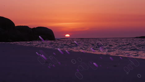 animación de bengalas de luz púrpura que se mueven playa y mar al atardecer