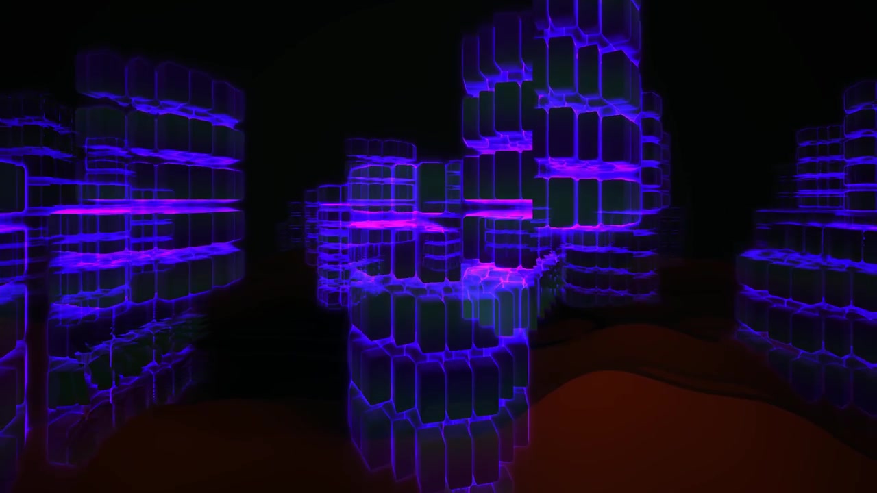 Abstract Digital Cityscape with Glowing Purple and Green Blocks