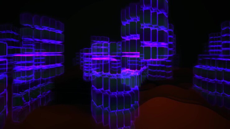 Abstract Digital Cityscape with Glowing Purple and Green Blocks