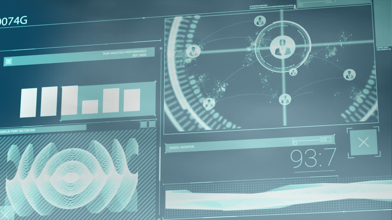 Animation of interface with data processing against blue blurred background