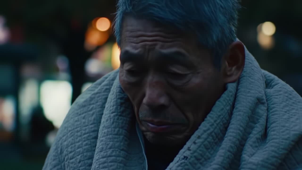 A contemplative moment captured in two frames, showcasing the emotional struggle of an individual wrapped in a blanket, lost in thought amidst an urban backdrop