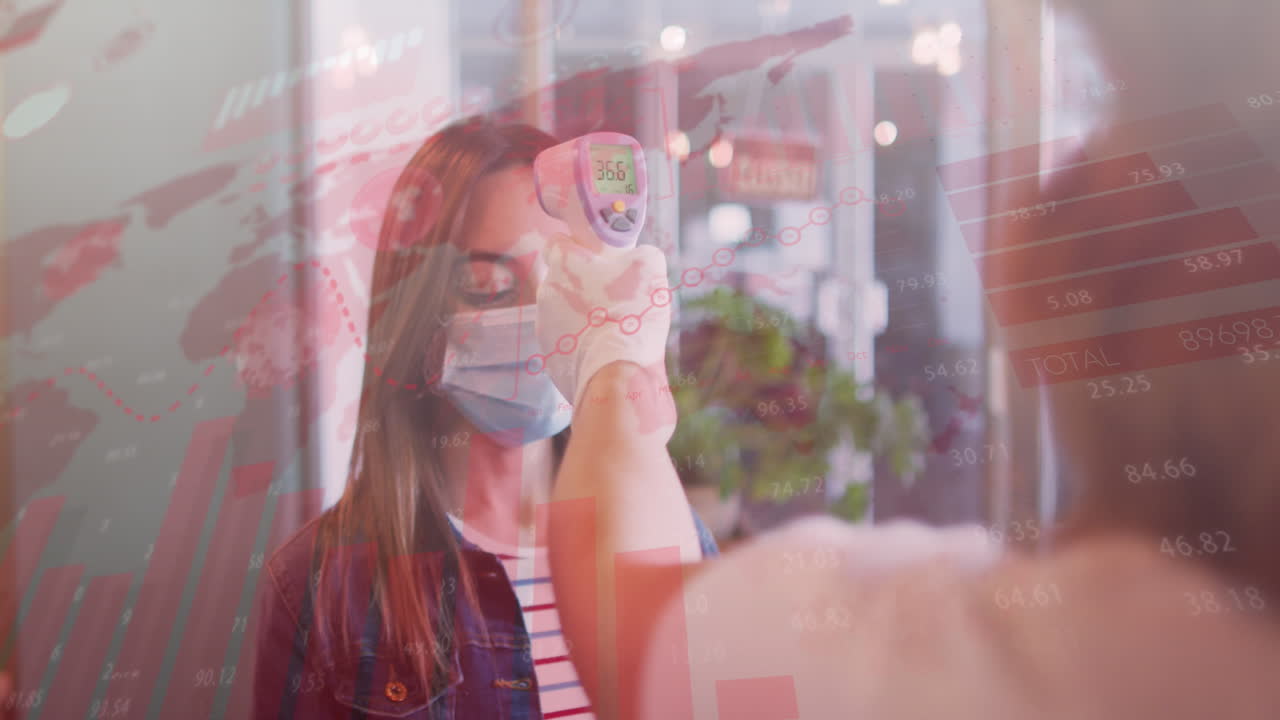 두 명의 백인 여성이 체온을 측정하고 얼굴 마스크를 착용하는 데이터 처리 애니메이션