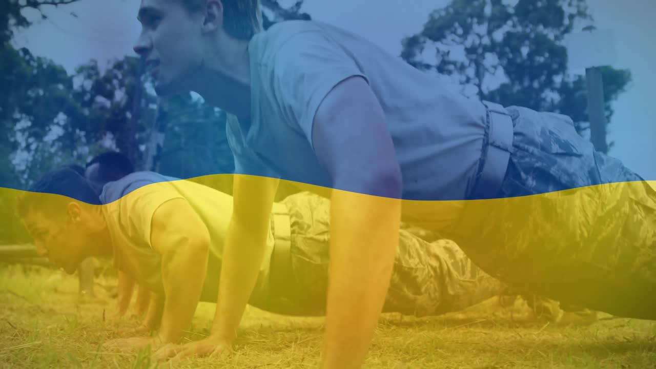 animación de la bandera de ucrania sobre varios soldados masculinos haciendo ejercicio