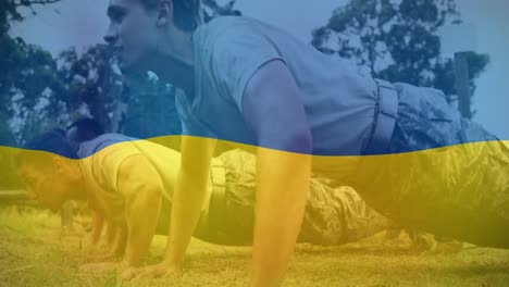 animation of flag of ukraine over diverse male soldiers exercising