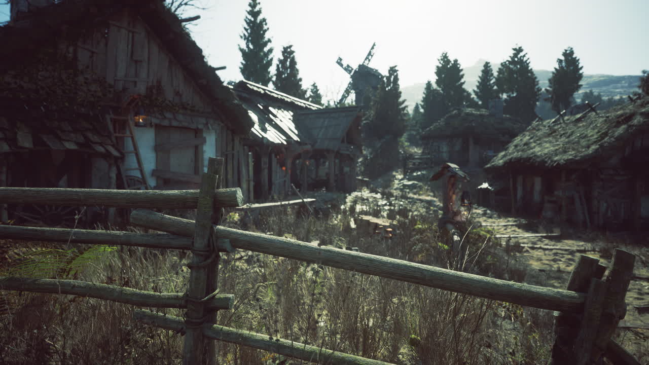 un pueblo tranquilo rodeado de árboles y naturaleza durante la luz de la mañana temprano