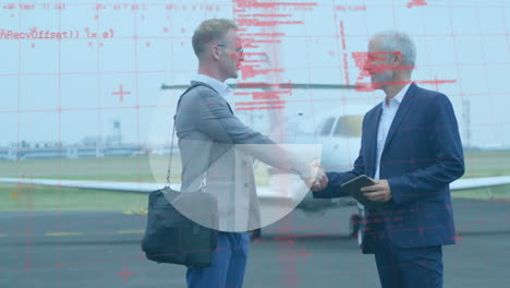 abstract shape and data processing over two caucasian businessmen shaking hands at airport runway