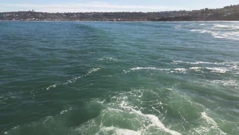 4K-Footage-of-large-ocean-swimmer-with-large-ocean-waves-crashing-on-cliffs-at-high-tide-in-La-Jolla-Cove-in-San-Diego-California