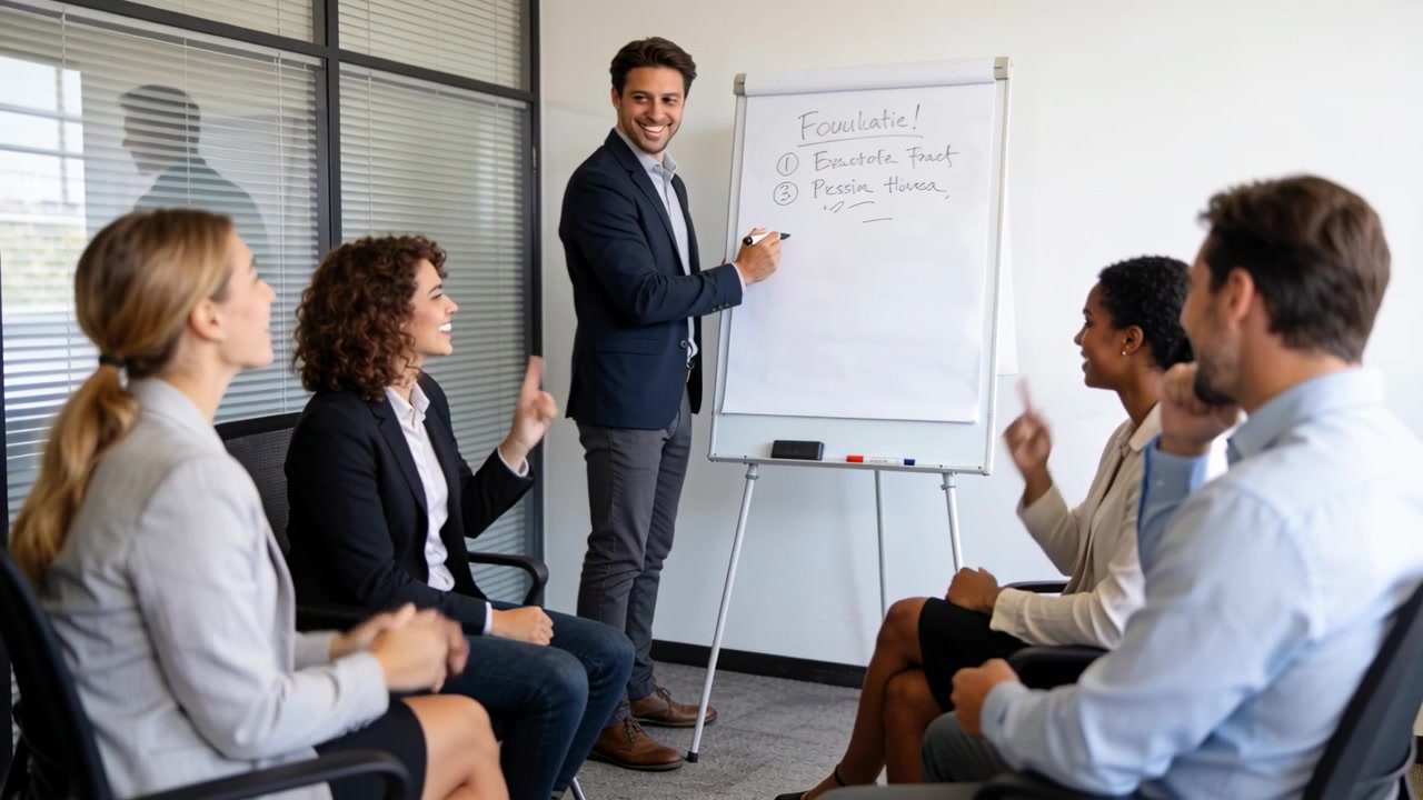 Presentatore in blazer che scrive al flipchart della sala riunioni, alternando la scrittura e il rivolgersi al team che applaude.