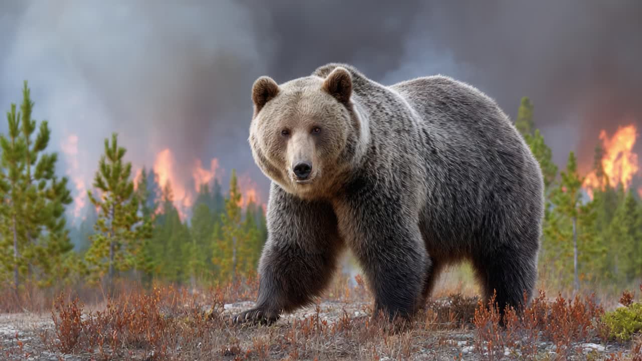 A majestic bear stands resilient in the foreground amidst a raging wildfire, showcasing the stark contrast between wildlife and nature's destructive power