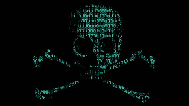 Alarmerende animeret cyberhacking-kranie- og korsknoglesymbol med animeret binærkode-tekstur i blågrønne farver på sort baggrund