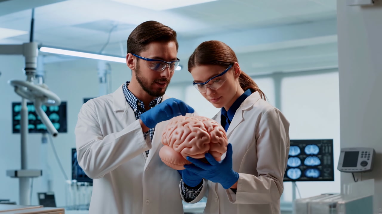 Two White Scientists Examine Brain Model In Clinical Laboratory, Wearing Lab Coats, Safety Glasses And Blue
