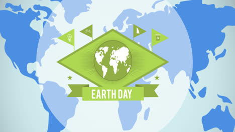 Animation-of-earth-day-text-and-green-globe-logo-over-blue-world-map