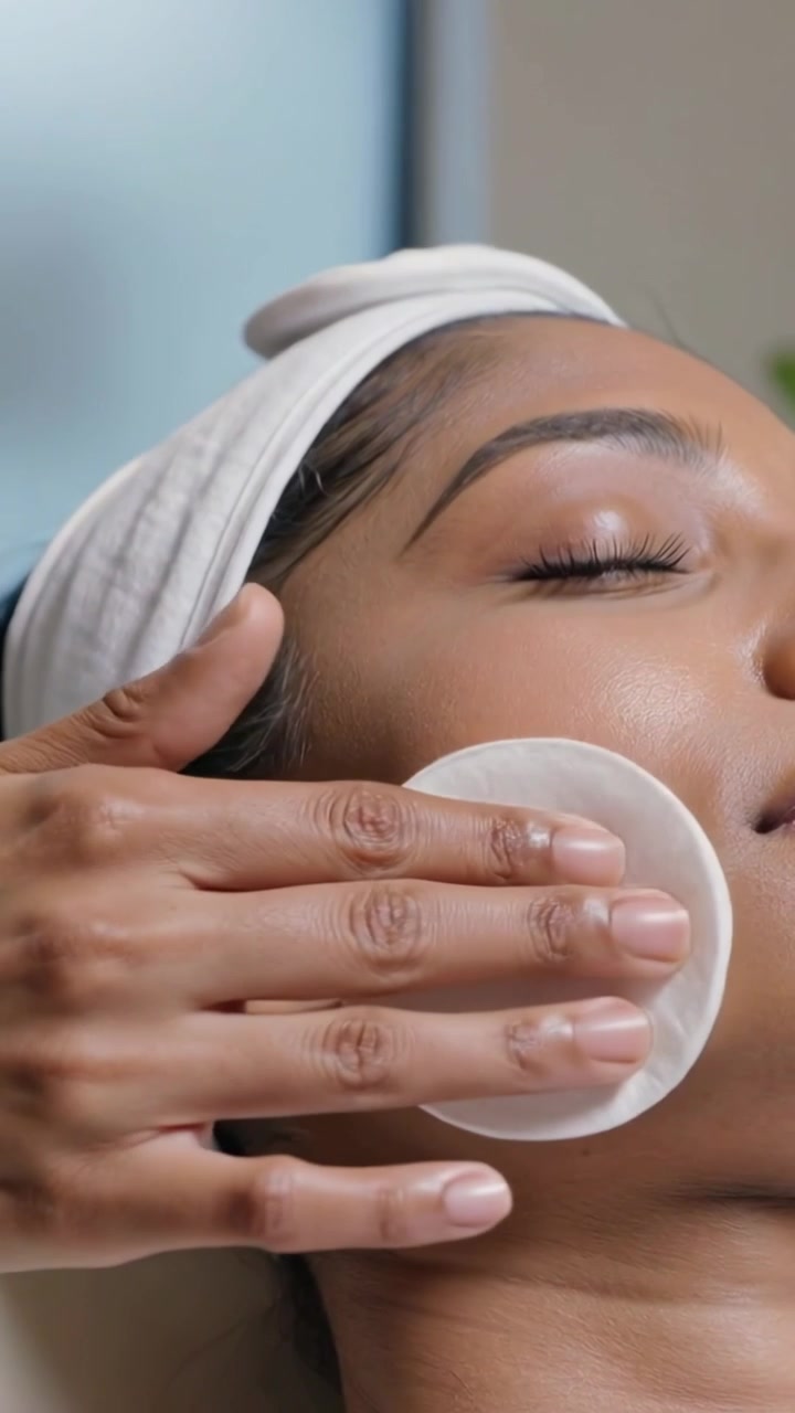 Vertical video: Placing pad tech wiping client's cheek in headband at spa cleansing skin