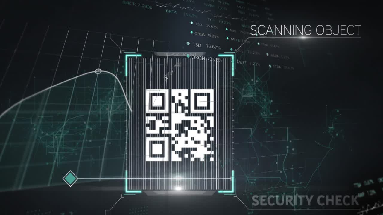 QR code scanning with graphs and statistics rolling over a web of connections on black background