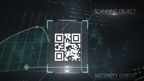 escaneo de código qr con gráficos y estadísticas rodando sobre una red de conexiones en fondo negro