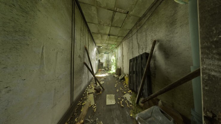 Corridoio abbandonato con vegetazione incolta e detriti in un edificio trascurato