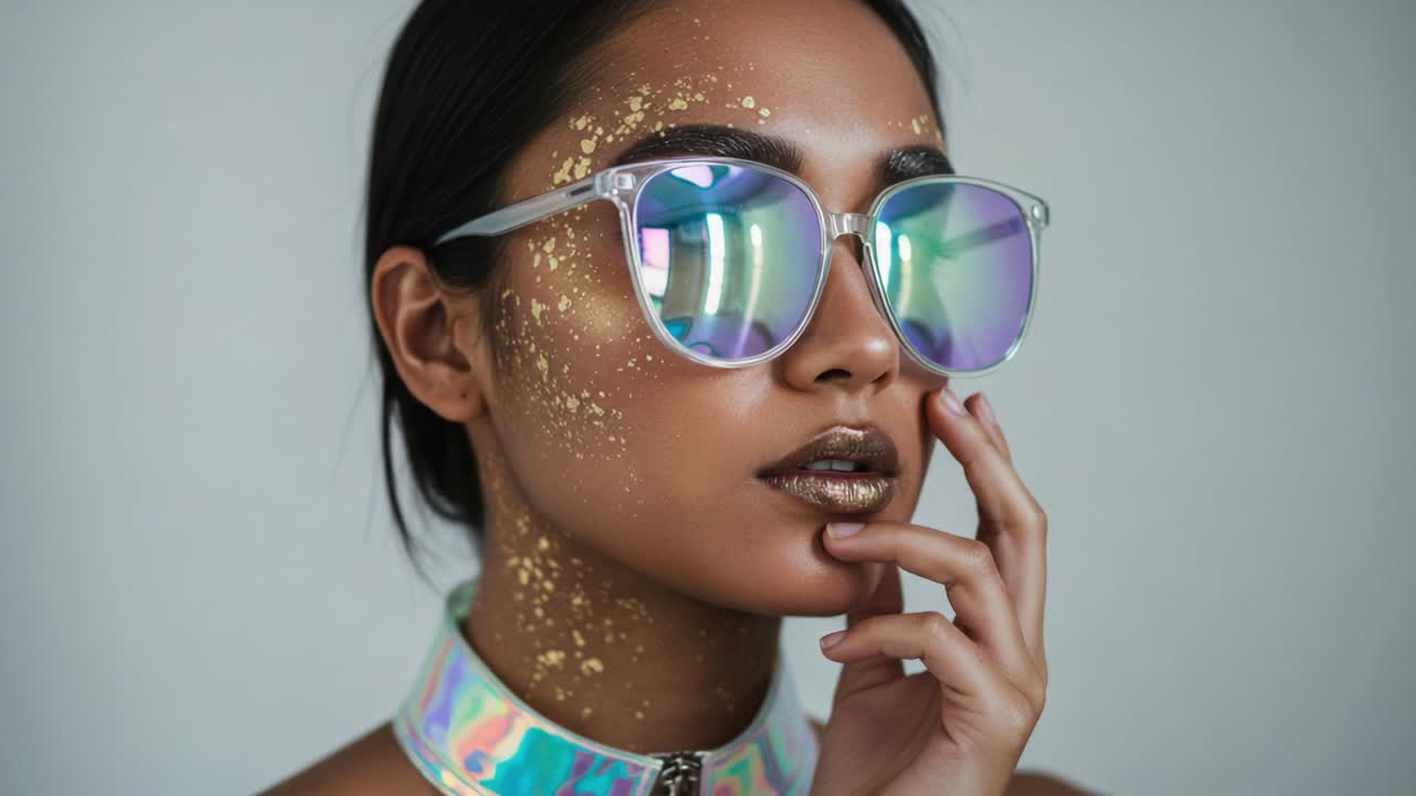 Stylish Beauty in Reflective Glasses with Glittering Accents: A Modern Portrait Showcasing Unique Fashion and Makeup Aesthetics