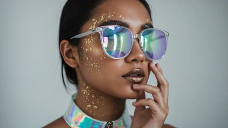 stylish beauty in reflective glasses with glittering accents: a modern portrait showcasing unique fashion and makeup aesthetics