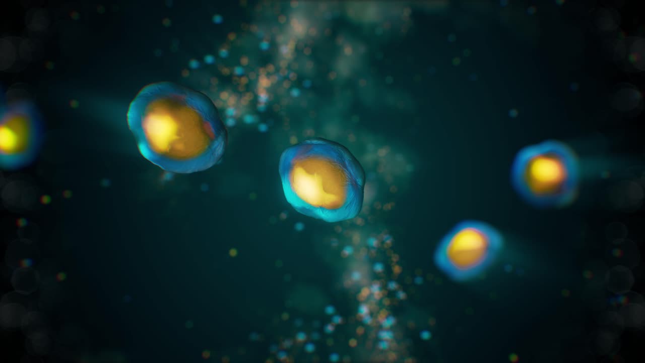 scientific animation of blue and yellow cell replication with dark particle background