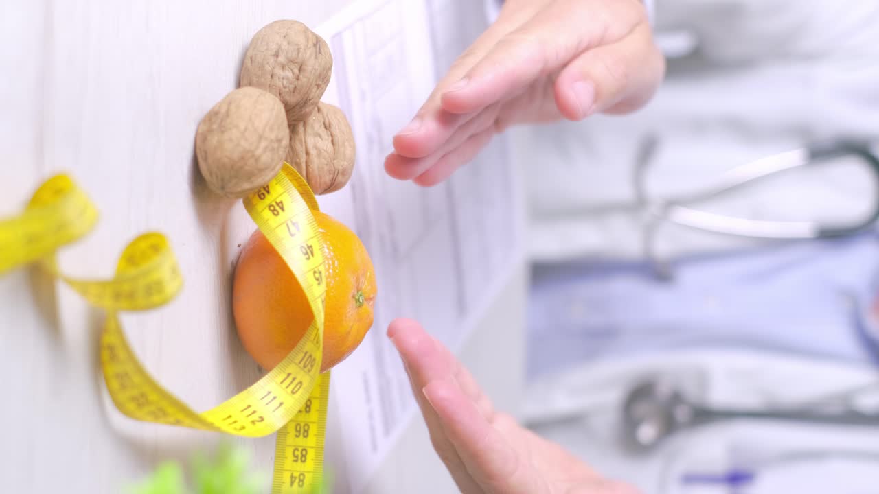 video vertical del médico de nutrición señalando la elección saludable sobre las pastillas de medicina, concepto de dieta