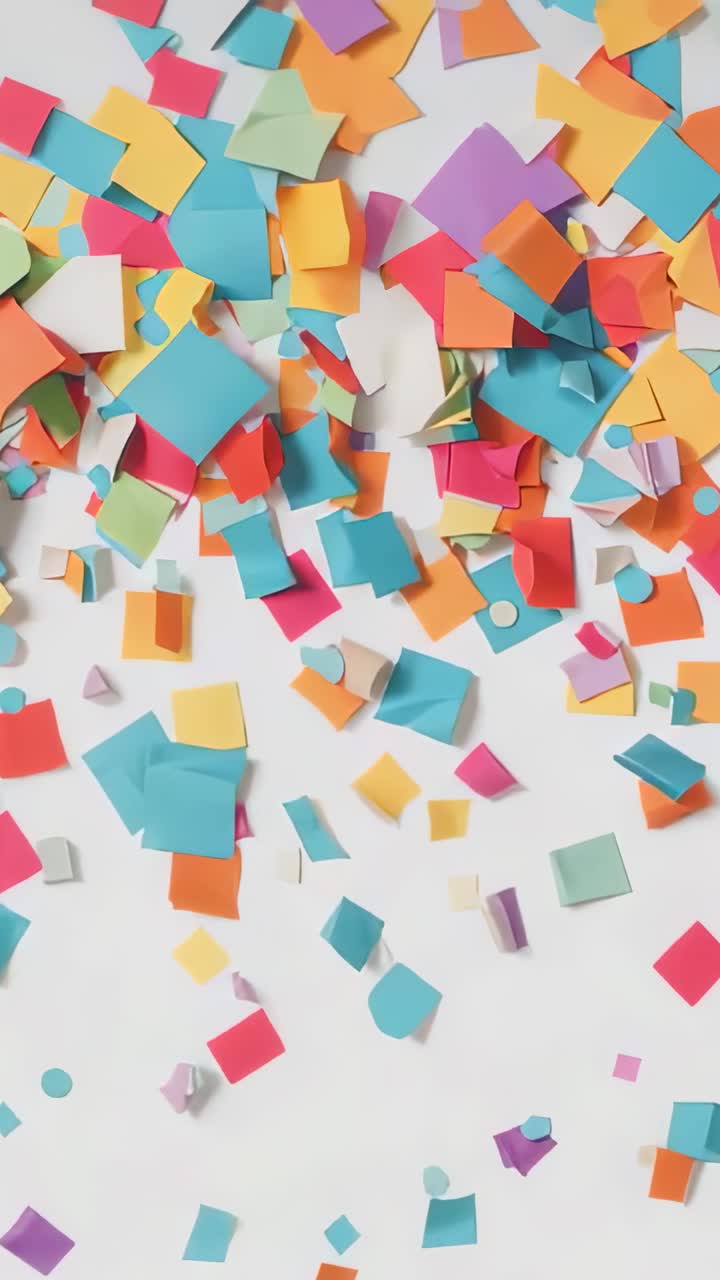 Video verticale: coriandoli colorati che cadono e fluttuano da un rilascio fuori scena, depositandosi su un telo bianco