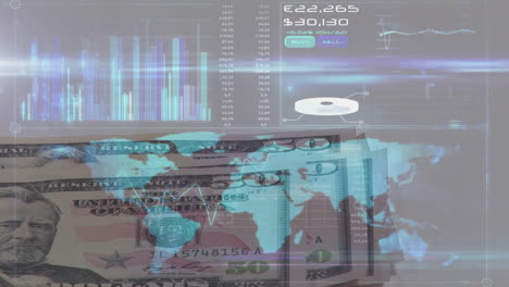 financial data processing over world map against person counting american dollars